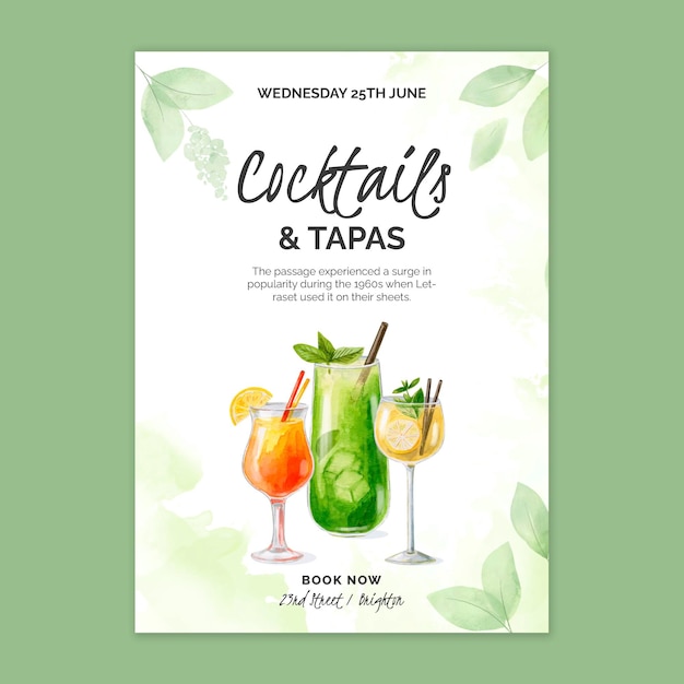 Watercolor cocktails vertical poster template