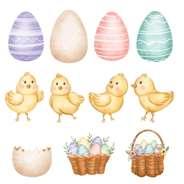 Watercolor collection of Easter chicks and eggs