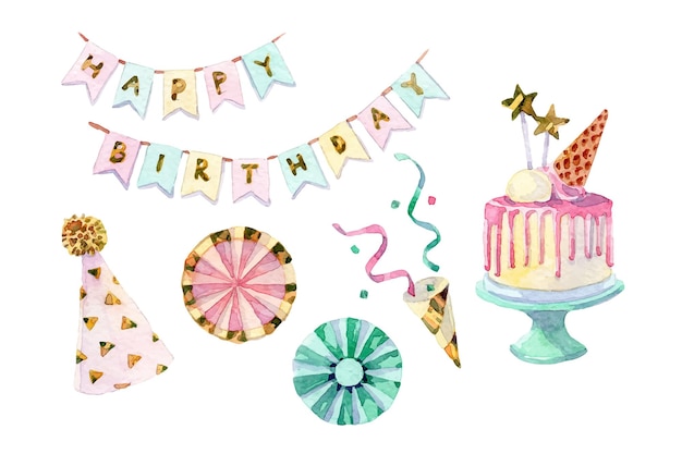 Vector watercolor colorful birthday elements collection