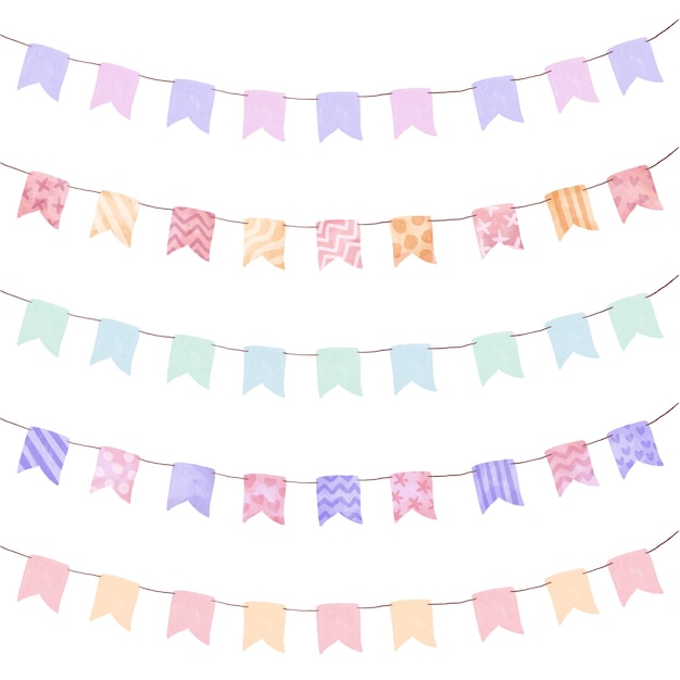 Watercolor colorful bunting flags clipart collection for decoration