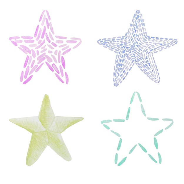 Watercolor colorful embroidery stars Stars illustration symbols with machine embroidered texture