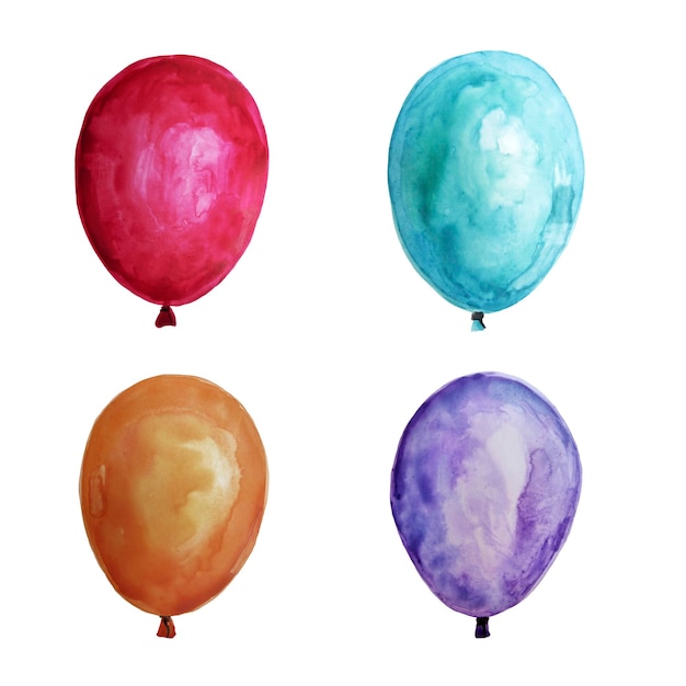 Watercolor colorful holiday sketch realistic balloons set closeup isolated on white background