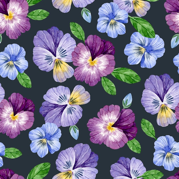 Watercolor colorful pansy with leaves seamless pattern on dark background