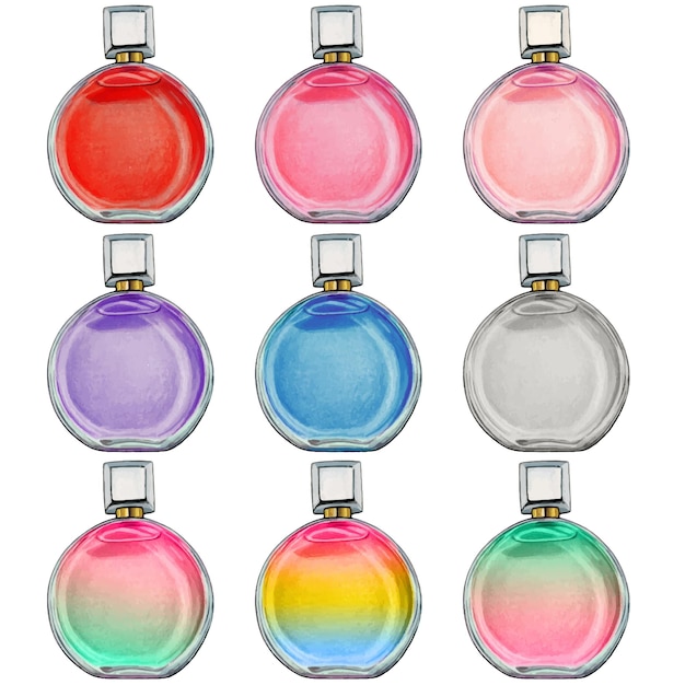 Watercolor colorful perfume bottles