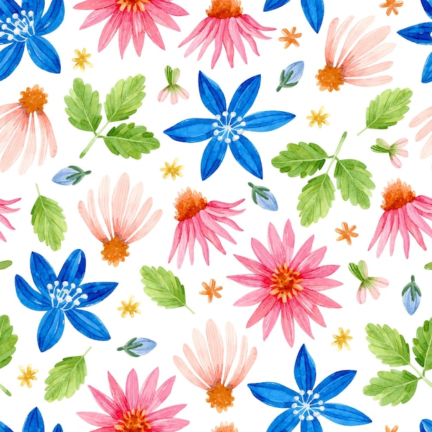 Watercolor colorful wildflowers and leaves seamless pattern