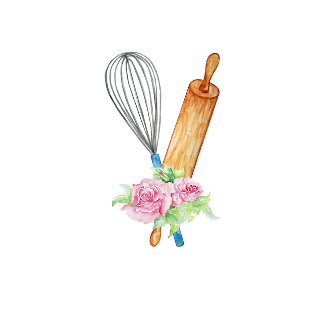 Watercolor composition culinary items for the kitchen for baking rolling pin, whisk and a bouquet of flowers