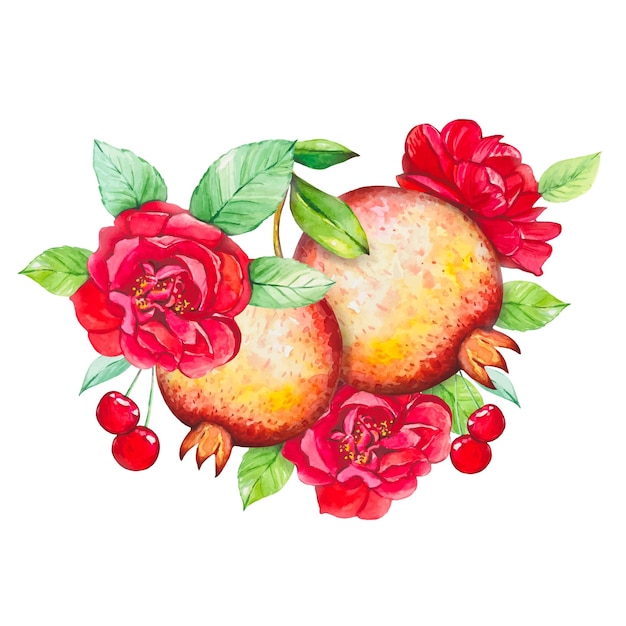 Watercolor composition with pomegranates cherries and red roses