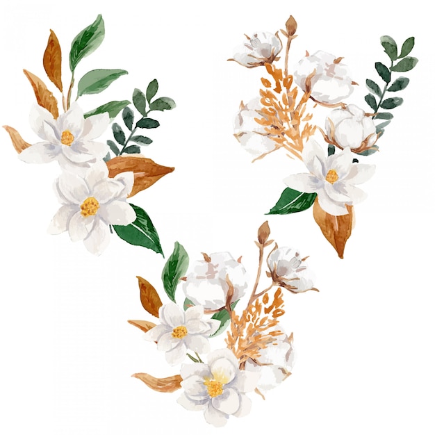 Watercolor Cotton and Magnolia Flower Rustic Clipart Flower Arrangement Illustration Set