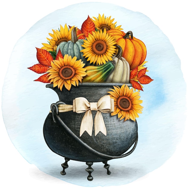 Watercolor country cauldron with sunflowers and pumpkins