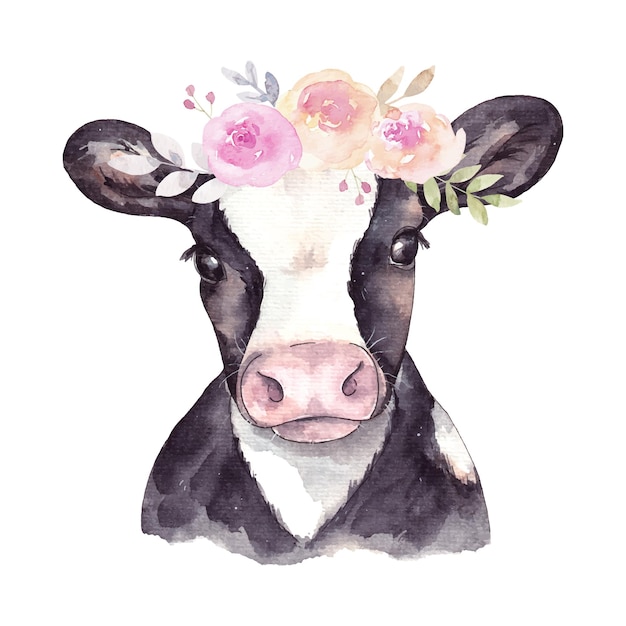 Watercolor cow with flowers on a white background