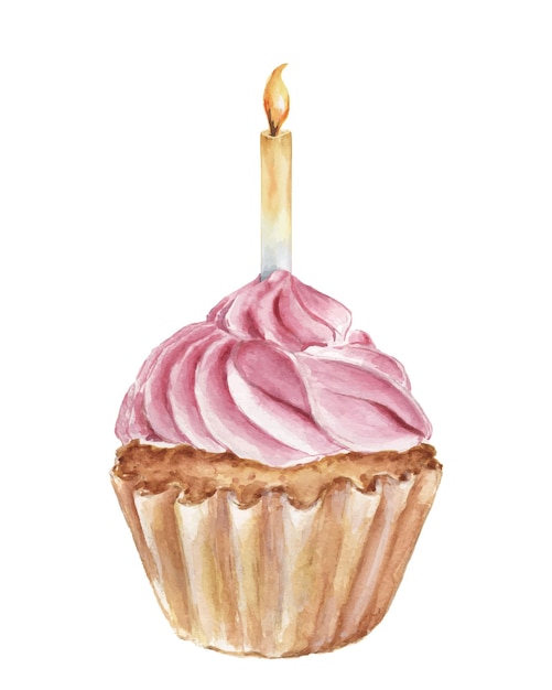 Watercolor cupcake with cream and burning candle Hand drawn illustration for holiday birthday