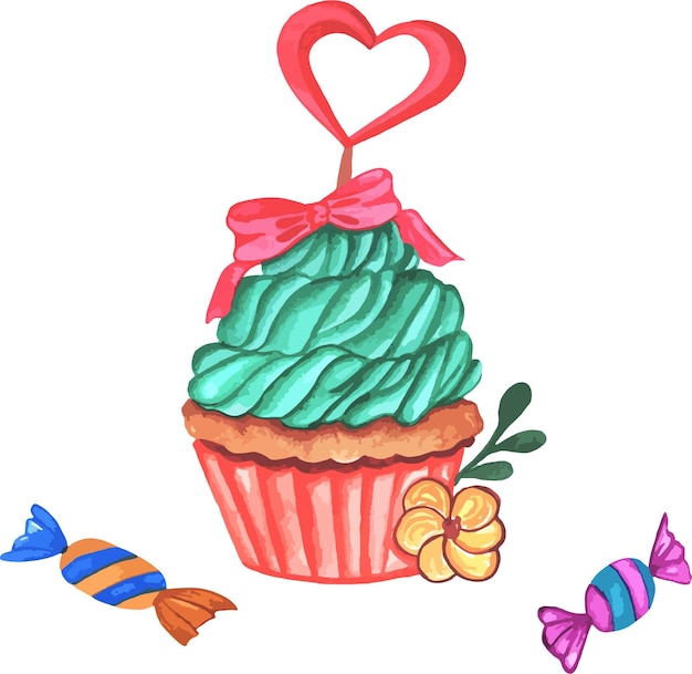 Vector watercolor cupcake with green cream with yellow flower and heart together with two sweets