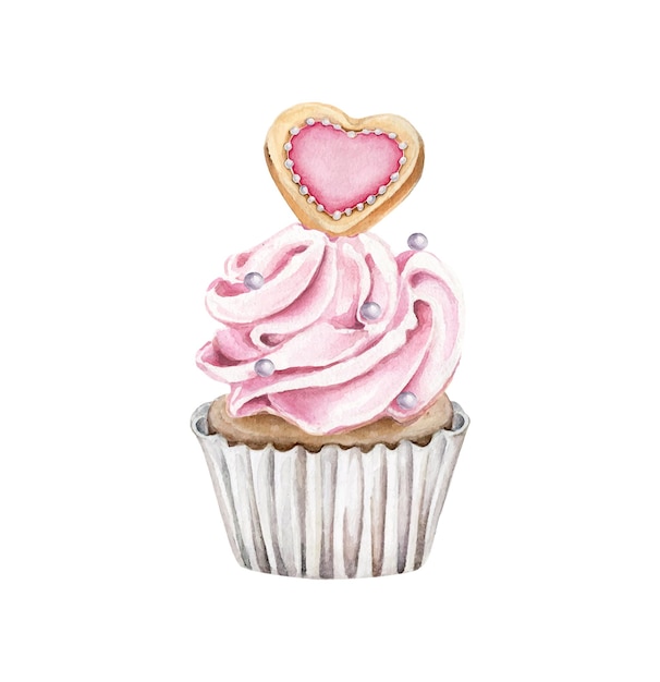 Watercolor cupcake with heart cookie isolated on white