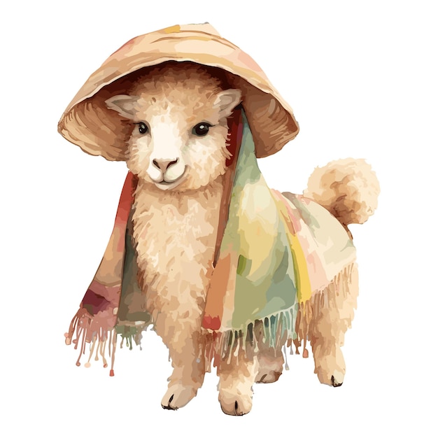 Watercolor Cute Alpaca With Hat and Blanket