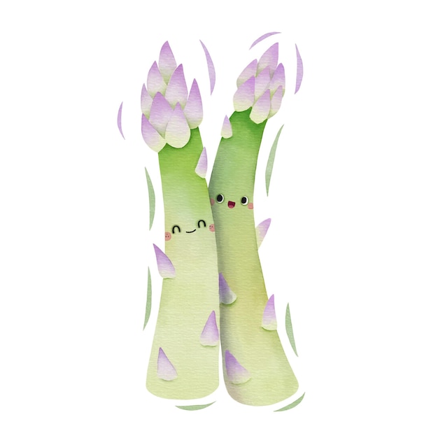 Watercolor cute asparagus cartoon character Vector illustration