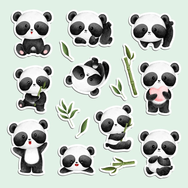 Watercolor cute baby panda and bamboo sticker