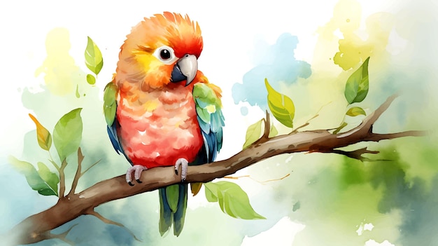 Watercolor cute baby parrot on tree branch