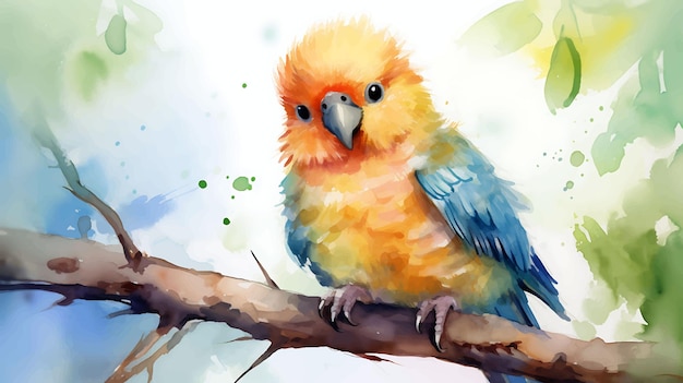 Watercolor cute baby parrot on tree branch