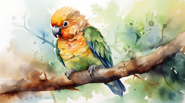 Watercolor cute baby parrot on tree branch