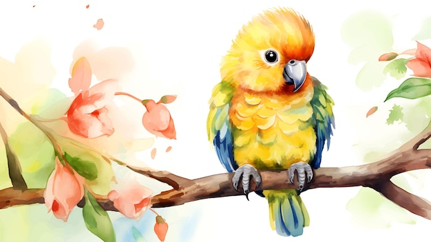 Watercolor cute baby parrot on tree branch