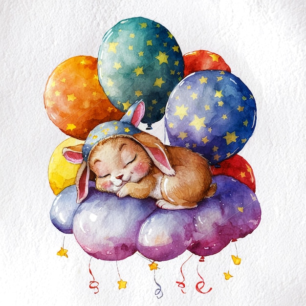 Watercolor cute baby rabbit sleeping on balloons cloud and stars isolated white background AI image