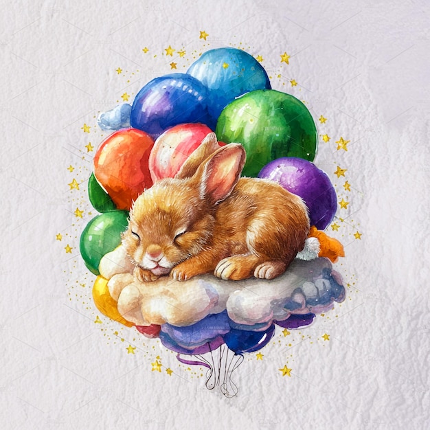 Watercolor cute baby rabbit sleeping on balloons cloud and stars isolated white background AI image