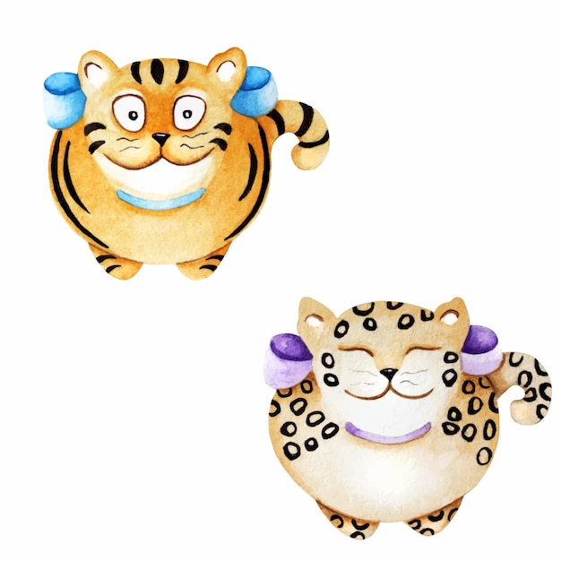 Watercolor cute cartoon African animals Tiger leopard