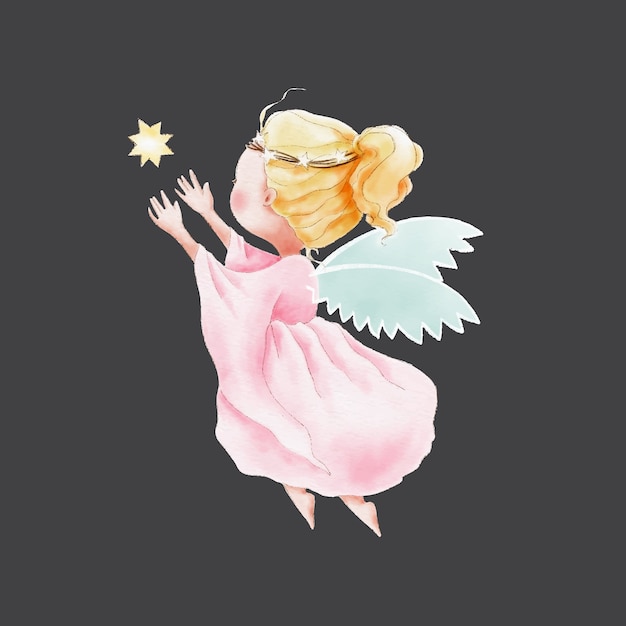 Watercolor cute cartoon angel flying to the sky for star