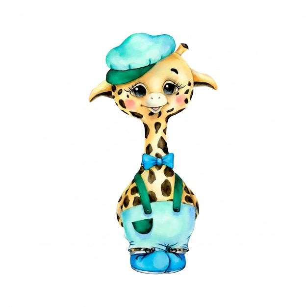 Watercolor cute cartoon giraffe boy in green clothes