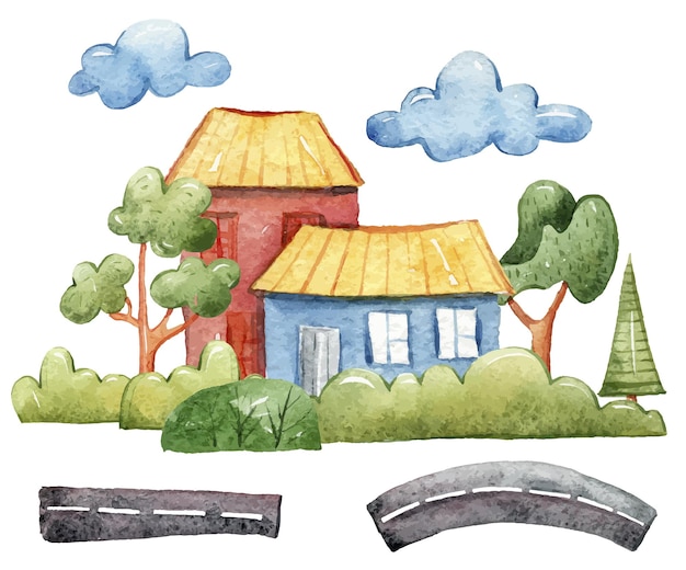 Watercolor cute cartoon house clipart set Cozy house illustration for stickers prints sublimation