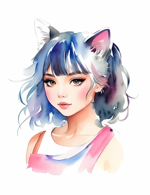 Watercolor cute cat girl