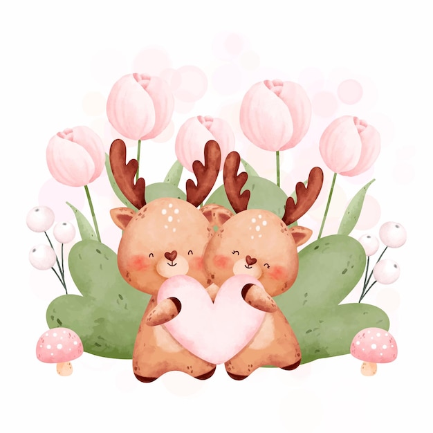 Watercolor cute couple deer and pink flowers in the garden