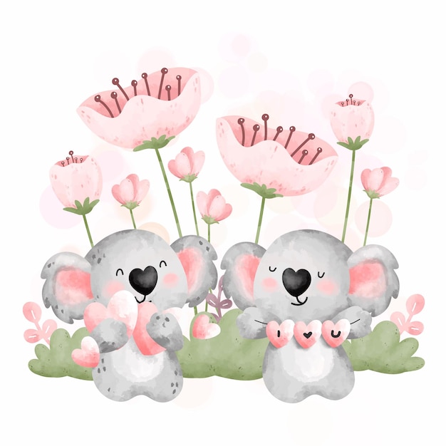 Watercolor cute couple koala and pink flowers in the garden