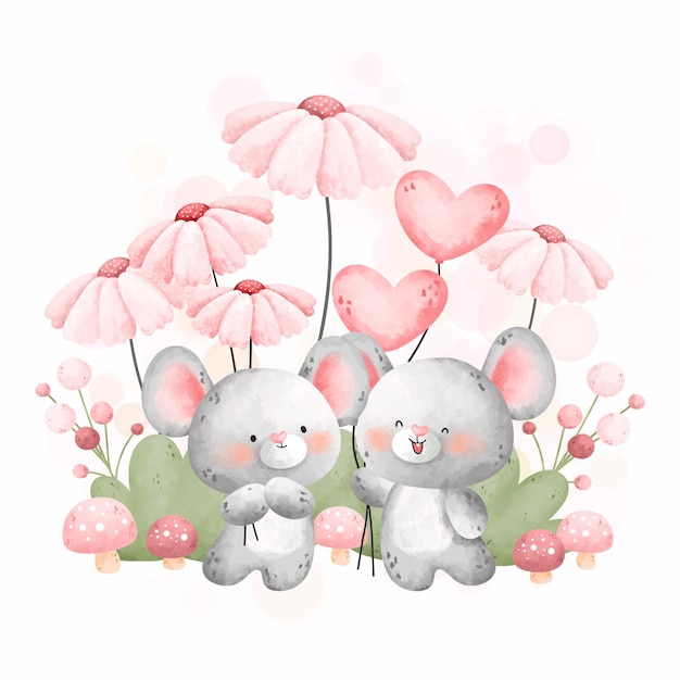 Watercolor cute couple mouse and pink flowers in the garden