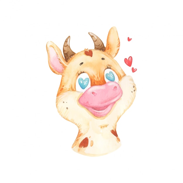 Watercolor cute cow with hearts