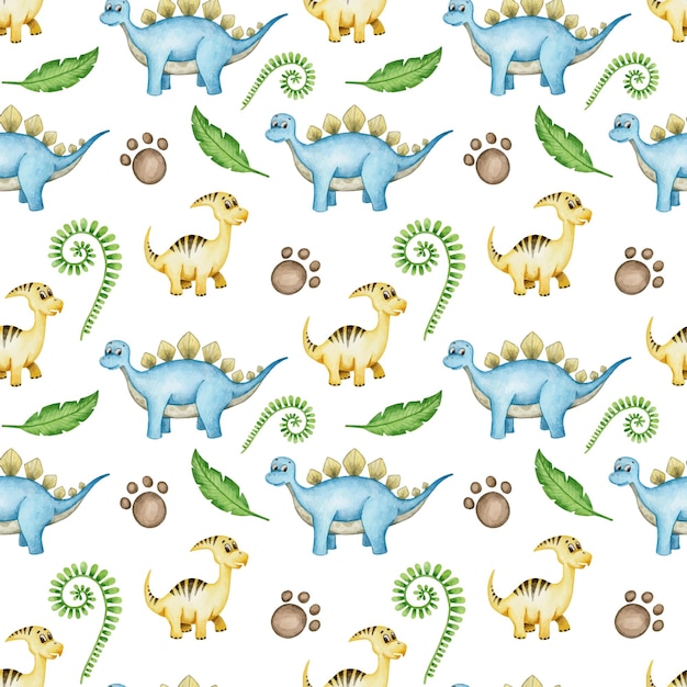 Watercolor cute dinosaur child seamless pattern Hand drawn elements kids dino footprint tropical leaves wallpaper Isolated on white background