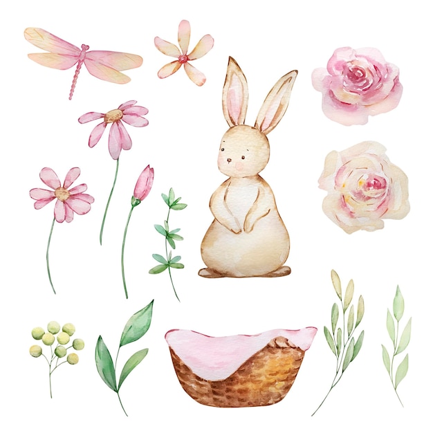 Watercolor cute Easter set rabbit delicate flowers