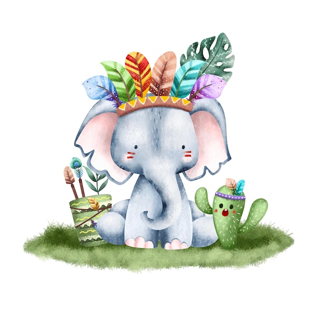 Watercolor Cute Elephant Safari Tribal Animals Illustration