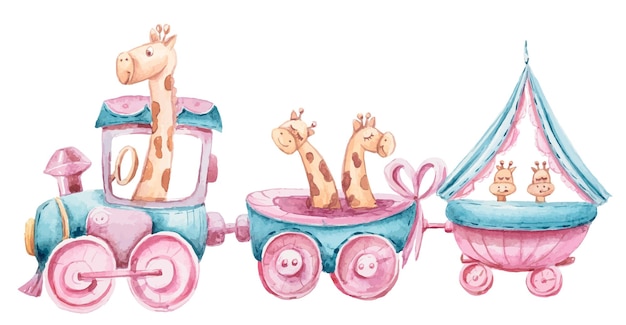 Watercolor cute giraffe on locomotive clipart Cute baby animal illustration for baby shower