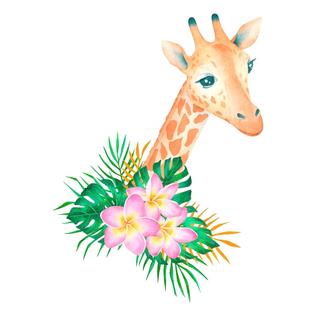 Watercolor cute giraffe with tropical bouquet on white background exotic poster for design