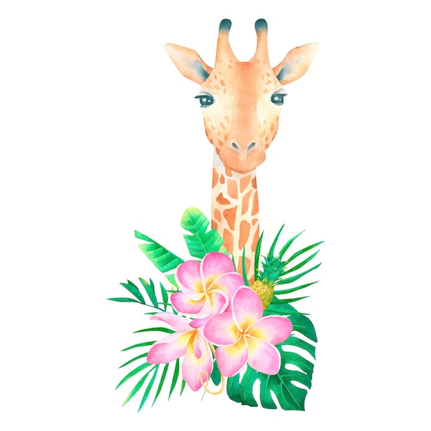 Watercolor cute giraffe with tropical exotic composition on white jungle poster for design