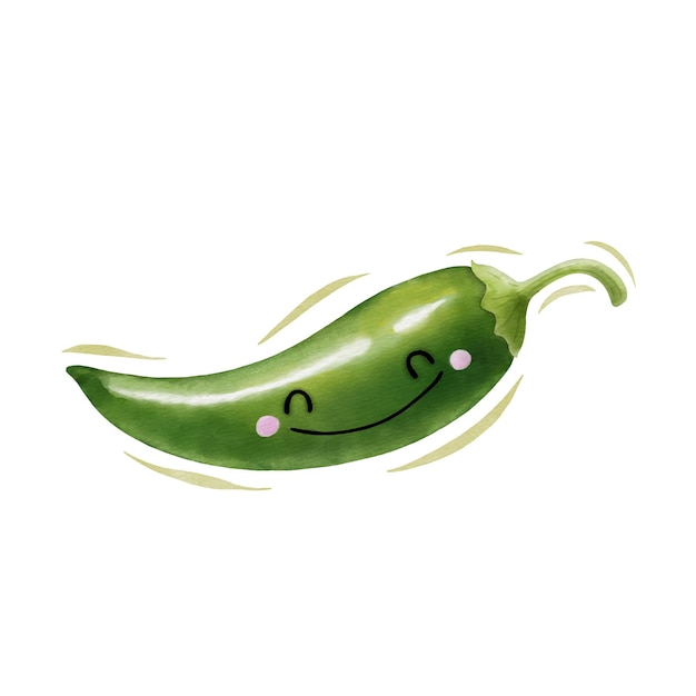 Watercolor cute green chilli cartoon character Vector illustration