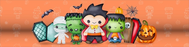 Watercolor cute Halloween cartoon characters Witch Dracula zombie and mummy Halloween vampirexDxA