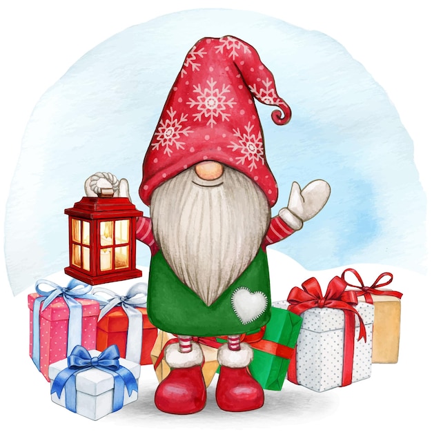 Vector watercolor cute hand drawn christmas gnome