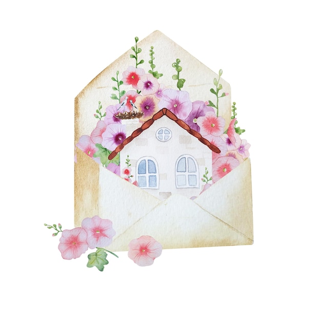 Watercolor cute illustrtation of home with flowers in envelope