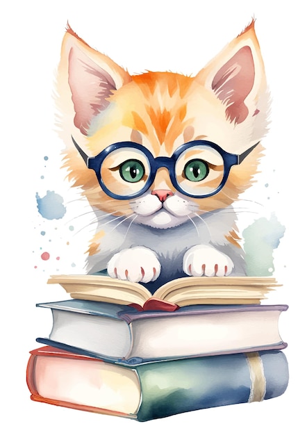 watercolor cute kitten with glasses reading a book