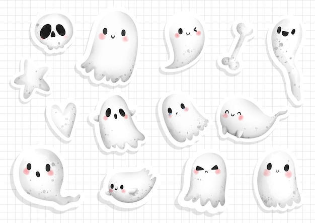 Vector watercolor cute little ghost sticker sheet vector illustration