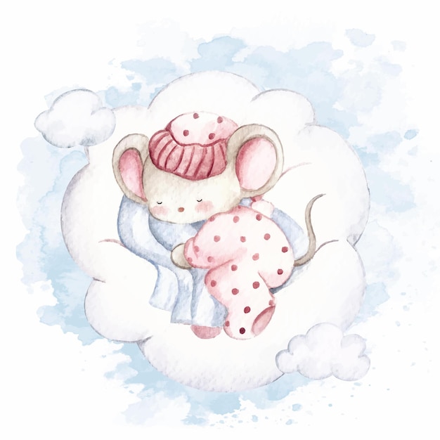 Watercolor cute little mice sleeping on the cloud