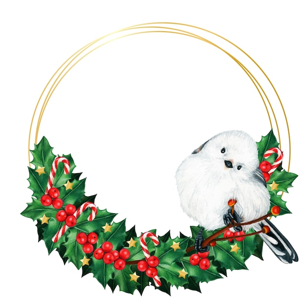 Watercolor cute long tailed tit bird on a holly wreath