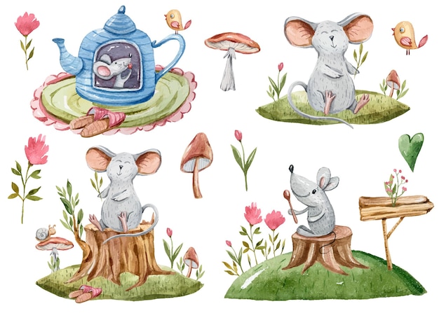 Watercolor cute mouse clipart set Cartoon cute kids animal illustration for baby room print